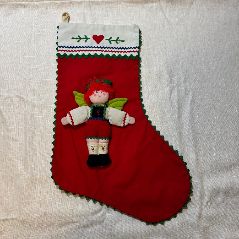 Vintage House of Hatten Christmas Stocking Angel Doll Applique Red Holiday